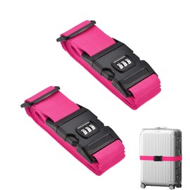 Luggage Strap with Combination Lock, Pack of 2 Luggage Strap, Adjustable Suitcase Strap, Suitcase Webbing, Cross Strap with Name Plate & Address Label (Rose Red)