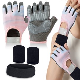 QMCZLA 3pcs Guantes Deportivos - 2 Colores Guantes Gym Guantes de Medio Dedo Antideslizantes Diseño Transpirable con Muñequeras y Diadema Deportiva para Deportes y Fitness 3 Tamaños(Rosa, Small)