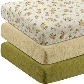 MLEPXBO Next to Me Crib Sheets, Muslin Cot Sheet Set of 3, 100% Cotton Crib Sheets for Baby Boys Girls, Safe & Anti-Slip, Soft Breathable Neutral (Green leaf, 83x50cm)