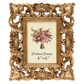 JANDERART 4x6 Inch Vintage Picture Frame, Antique Ornate Photo Frames with Glass Front, Retro Carving, Tabletop & Wall Hanging, Photo Display, Gold