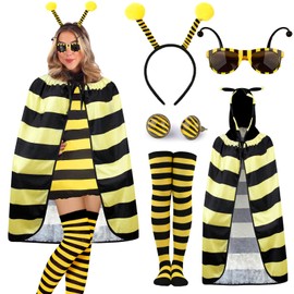 LEACCO Bee Costume Adult Women with Bee Cape Headband Socks Glasses Earrings Carnival Costume Bee Women's Bee Costume Women's Bee Cape Clothing for Fancy Dress Costume Bee Women's Fancy Dress Costume