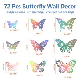 Tittaty 72 Pcs Butterfly Wall Decor, 3 Styles 3 Sizes 3D Shiny Silver Butterfly, Birthday Party, Wedding Decorations, Gift Box Girls Bedroom Decoration