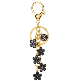 PATIKIL Initial Letter Flower Keychain, Alphabet K Enamel Charm Flower Keyring Keys Holder Bag Handbag Backpack Purse Accessories for Birthdays, Valentine's Day, Christmas, Black