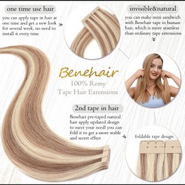 Benehair Tape in Hair Extensions Human Hair 18inch Balayage Golden Brown Highlighted Bleach Blonde 20pcs 50g/pack Straight Hair Extensions Seamless Skin Weft Tape in Natural Hair (#12P613, 18")