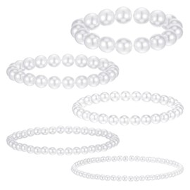 Molain Pack of 5 Pearl Bracelets for Women Stretch Strand Bracelets Pearl Bracelets Bridal Wedding Elastic Bracelets Stackable Faux Pearl Bracelets for Lady Party Jewellery Beads Bracelets, Plastic
