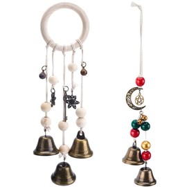 GORGECRAFT 2Pcs 2 Style Iron Witch Bells Magic Wind Chimes Door Knob Hanger with Wood Bead Alloy Moon Star Witchcraft Decor Doorknob Hanging Bells for Home Door Window Tree Wall Car Decorations