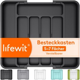 Lifewit Cutlery Tray for Drawer, Adjustable Cutlery Holder, Plastic Cutlery Stand, Width from 23 to 38 cm, Utensil Holder Kitchen Depth 32 cm, Kitchen Organiser for Spoons/Forks, Black