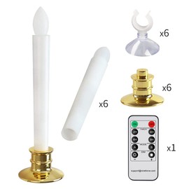 CelebrationLight 6 Pack Flameless Taper Candles with Remote/Timer & Suction Cup, Battery Operated Flickering LED Window Candles, Vintage Christmas Electric Fake Candlesticks, Golden Holder