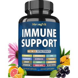 StrongVit Immune Support Supplement 12 in 1 Complex with Vitamin C, D3, Zinc, Echinacea, Elderberry, Ginger, Turmeric. Immune Defend for Men & Women, Non-GMO, Gluten-Free, Vegan, USA (120 Capsules)