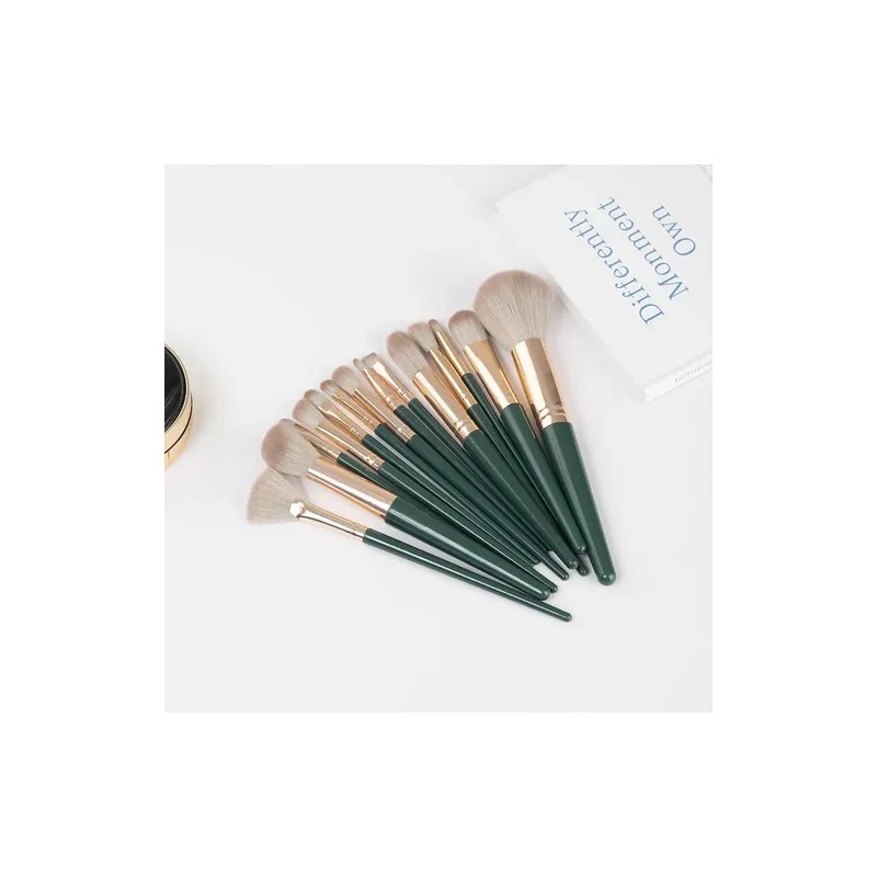 Set Brochas De Maquillaje 14 Piezas Profesional Y Verde