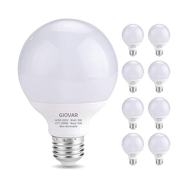 GIOVAR 8-Pack G25 LED Globe Light Bulbs, Daylight 5000K, 120V