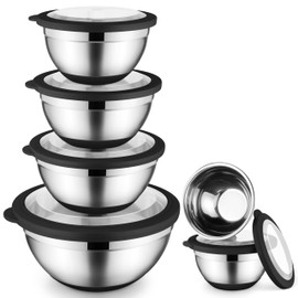 Onader Mixing Bowls with Lids Set of 6 for Kitchen Stainless Steel Metal Nesting Bowls with Non-Slip Bottom Black - Size 1, 1.5, 2, 2.6, 3.5, 7QT