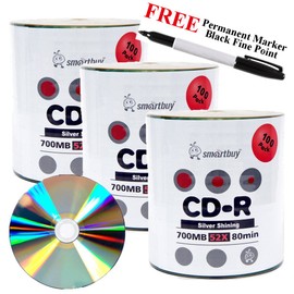 Smartbuy 300-disc 700mb/80min 52x CD-R Shiny Silver Blank Media Record Disc + Black Permanent Marker