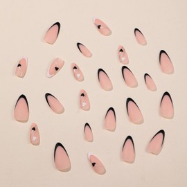 Press on Almond Nails-24Pcs Artificial French Tips Black White False Nails with Heart Designs Heart Full Cover Medium Acrylic Fake Nails Glue Stick on Fingernails for Women Girls