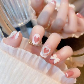 FOXIIU Press on Nails Square Short French Glossy Full Cover Acrylic Short Square Shaped False Nails with Heart Bow Pearl Designs Artificial Square Fake Nails with Glue Stick on Fingernails for Women