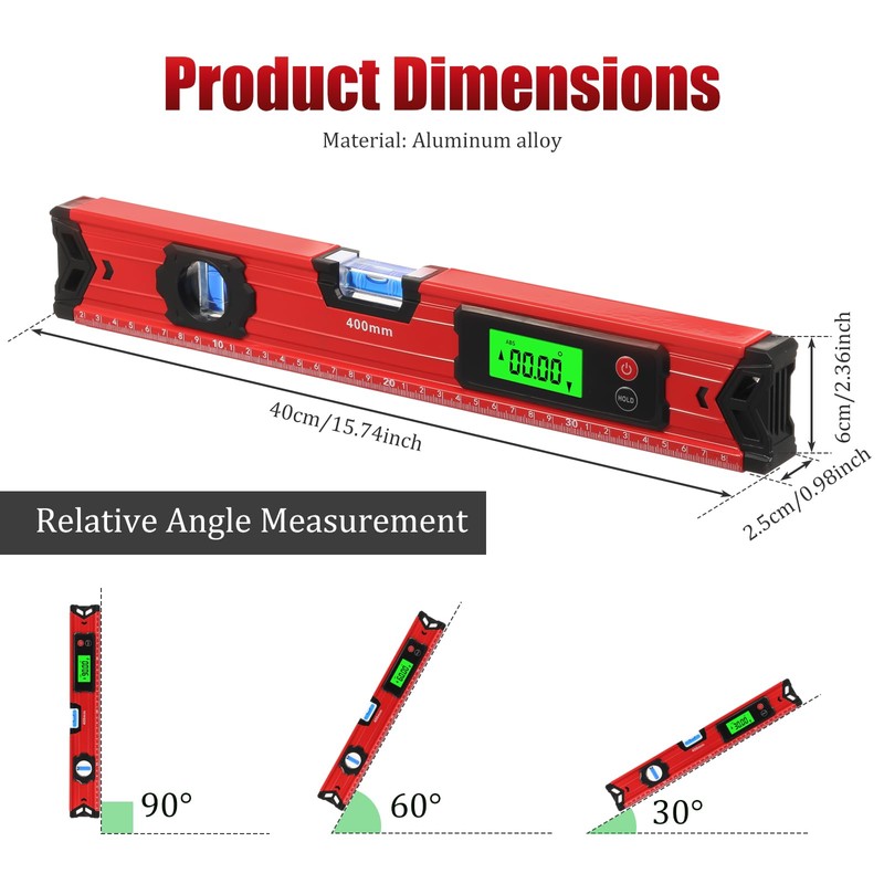 15.7" Digital Level with Backlit LCD Display, High-Precision ±0.1° Magnetic