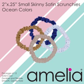 Amelia Beauty, Ocean Mix, Skinny Satin Scrunchies, 12 Pack – 2in Diameter, Gentle & Strong Hold, No-Snag, No-Dent, Crease-Free Hair Ties