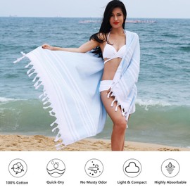 LINENOVA 100% Cotton Turkish Beach Towel 180x100cm, Sand Free Quick Dry Lightweight Large Oversized Turkish Bath Towels for SPA, Beach, Pool, Gym and Bathroom- Blue