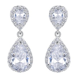 EVER FAITH Wedding Teardrop Earrings Clear Full Cubic Zirconia Silver-Tone Clip-on