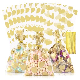 COQOFA 100 Pcs 5X7 IN Gold Heart Cello Cellophane Treat Bags Gift Bags Party Favor Bags Clear Candy Cookie Bags Plastic Poly Goodie Bags with Twist Ties for Baby Shower, Valentine, Wedding Birthday