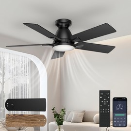 AIKVSXER Ceiling Fans with Lights,52" Low Profile Ceiling Fan with Lights and Remote,Reversible,3CCT, Dimmable, Noiseless, Black Ceiling Fan for Bedroom, Farmhouse, Living Room, Indoor/Outdoor Use