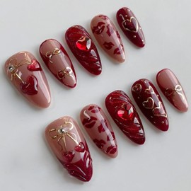 24pcs red Press on Nails Medium Almond Fake Nails with Luxury Glitter Love Heart Gems Design Fashion Retro Red Almond False Nails Ins Simple Red Festive Holiday Nail Manicure for Women Acrylic Nail