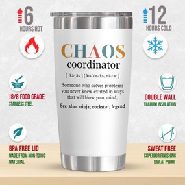 TEEZWONDER Thank You Gifts for Women - Chaos Coordinator 20 oz Stainless Steel Insulated Tumbler with Lid - Employee Appreciation Christmas Birthday Gifts for Women Coworkers Boss Teacher Nurse Friend