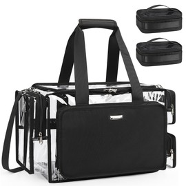 Relavel Clear Makeup Bag with 2 Small Pouches, Professional Makeup Artist Kit Set, Portable Cosmetic Storage Organizer Hair Stylist Travelling Bag with Adjustable Dividers & Shoulder Strap