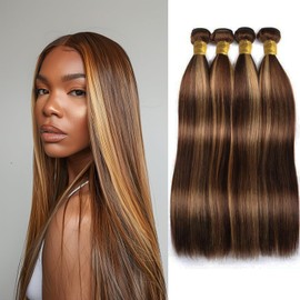 Highlihgt Straight Bundles Human Hair 12 14 16 Inch Two Tone Chocolate and Blonde Human Hair Bundles 8A Ombre Bundles Hair