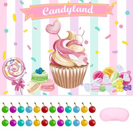 JOARHONAL Pin the Cherry on the Cupcake - Candyland Party Posters 20" x 28" Candy Land Poster with 24 Reusable Stickers Candy Birthday Party Sets