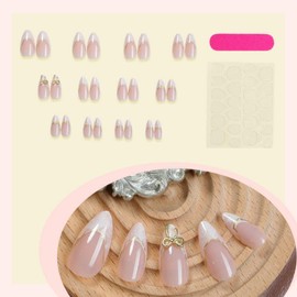 White French Tips Press on Nails Medium Almond Fake Nails with Gold Bow Charm Design 3D Golden Lines Stick on Nails Cloudy False Nails Glossy Summer Glue on Nails for Women Girls Manicure 24Pcs