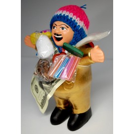 Ekeko Doll 7.5 inches (19 cm) GOL; Large Size Huayuluro Fruit Present! Large Size Ekeko Doll 7.5 inches (19 cm), Gold/Gold [Our Vivas Latin Shop Original Model] Made in Peru (Direct Import from Peru)