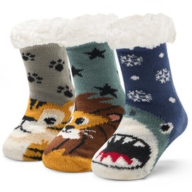 Big Boys Fuzzy Winter Socks for Kids Boys Thick Thermal Socks with Grips Fleece Lined Warm Fluffy Socks for Home 3 Pack Animals Beast 10-12 Years