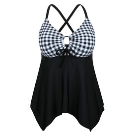 Firpearl Traje de baño tankini para mujer, modesto y fluido, espalda cruzada, talla grande, Enrejado blanco y negro, 16