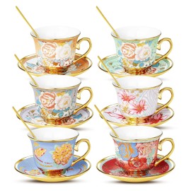 Xrbeou Tea Cups and Saucers, Tea Cup Set of 6, 8 OZ Floral Cups Porcelain Cup Set fo...