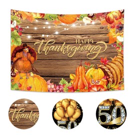 Imirell Happy Thanksgiving Backdrop 7Wx5H Feet Rustic Wood Fall Pumpkin Turkey Maple Leaves Autumn Photography Backgrounds Photo Decor Props Party Decorations Polyester Fabric