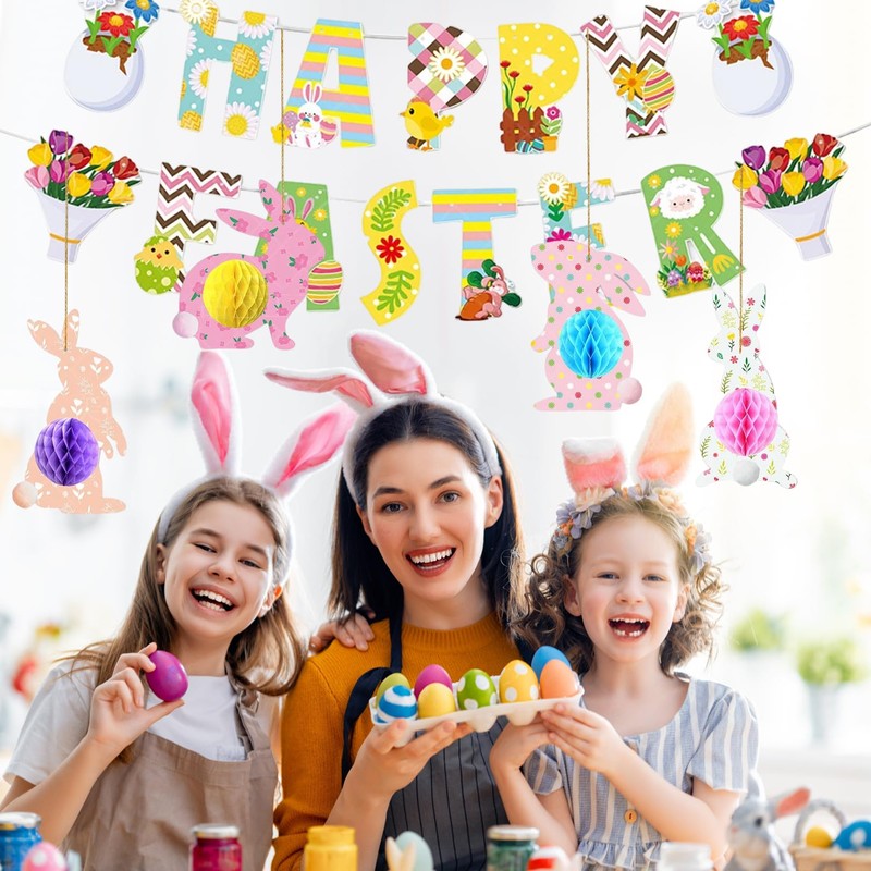 19 Pcs Easter Decorations,Easter Bunting,Easters Bunny Table Decorations For Home
