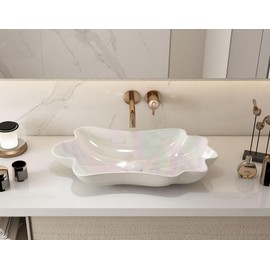 MEJE 24-Inch Unique Lotus Leaf Flower Shape Bathroom Vessel Sink, Above Counter Porcelain Ceramic Vessel Vanity Sink, Art Basin, Pearl Glaze Color (Include Pop Up Drain)