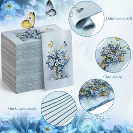Tenceur 100 Pieces Blue Floral Guest Napkins Disposable Paper Hand Towels Butterfly Floral Dinner Decorative Cocktail Napkins for Bathroom Wedding Baby Shower Birthday Party Decoration(13 x 16 Inch)