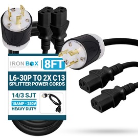 IronBox Electric L6-30P to 2X C13 Splitter Power Cords - 15A/250V, 14 AWG, 14/3 SJT - UL Listed Power Supply Cable - Heavy Duty Power Plug and Cord for Computer, Data Centers, Generator & More (8 ft)