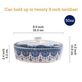 Bico Blue Talavera Ceramic 8.8 inch Tortilla Warmer, Tortilla Server with Lid, Taco Holder for Mexican Fiesta Party, Taco Tuesday, Cinco De Mayo, Microwave and Dishwasher Safe