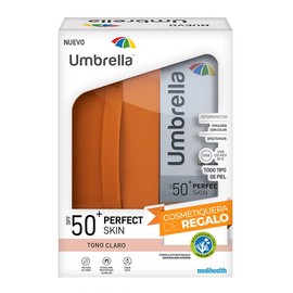 UMBRELLA Perfect Skin Tono Claro + COSMETIQUERA | Base Fluida Tipo Maquillaje con Protector Solar Facial SPF 50+ | Corrector de Imperfecciones de la Piel | Todo Tipo de Piel (Normal-seca, Mixta-grasa) | Efecto MATE | Water Resitand | UVA/UVB, IR-A; UV-HEV | Tubo con 50gr.