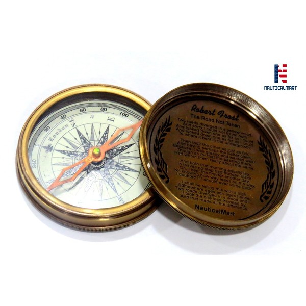 NauticalMart Vintage Nautical Brass Compass 3" Robert Frost Poem Engraved Antique Compass (Marine Brass Compass)