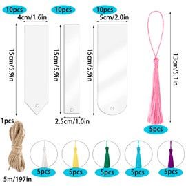60 Pcs Acrylic Bookmark Blanks Kits, 30 PCS Acrylic Clear Bookmarks for Women with 30 Pieces Colorful Tassel A Roll of Twine for DIY Blanks Bookmarks Crafting Christmas Bookmarks Crafts