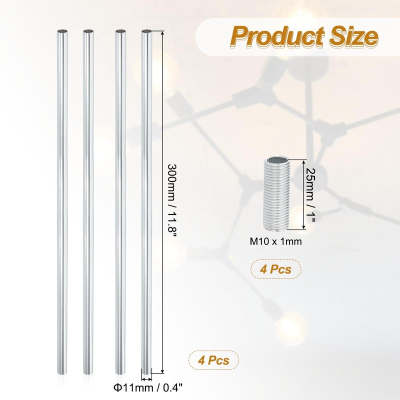 PATIKIL Threaded Extension Rod, 4 Sets 12" M10 x 1mm