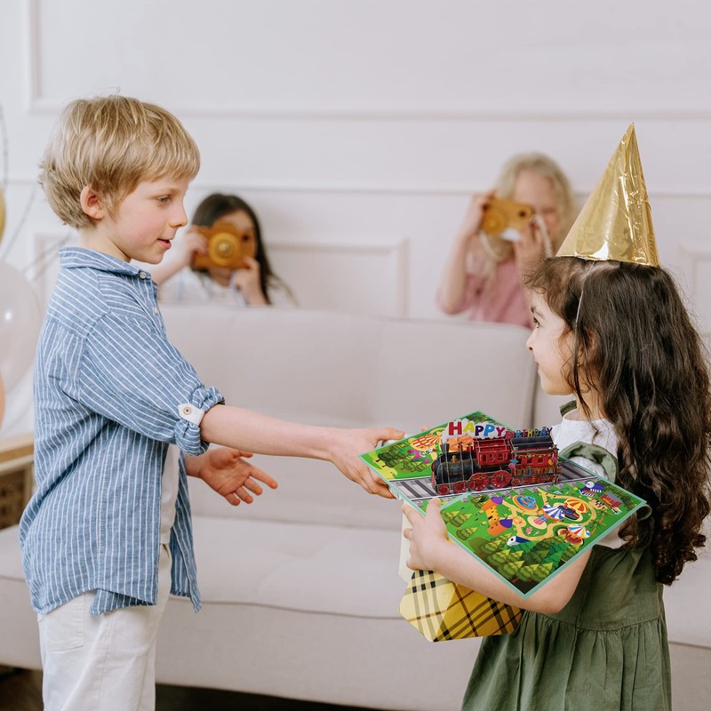 Magic Ants 子供のための3D漫画トレインバースデーカード、ポップアップバースデーカード、ハッピーバースデーグリーティングカード