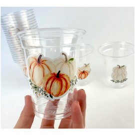 Orange & Ivory Pumpkin Party Cups, 12 oz Clear Plastic, 24 Count, Fall Theme Disposable Drinkware