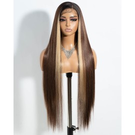 Style Icon 38 inch Super Long Straight Hair Wig 13x4 Lace Frontal Wig for Women Brown Hair with Blonde Synthetic Lace Front Wig Pre Plucked Synthetic Fiber (TTOL4/30S/26J)