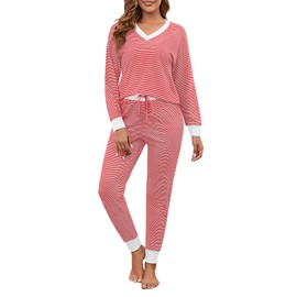 Namatime Cotton Women Pajama Sets Soft 2 Piece Lounge Set Stripe Long Sleeve Pants Pj Set Loungewear Sleep Sleepwear with Pockets Red Large