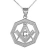 925 Sterling Silver Octagonal Freemason Charm Masonic Pendant Necklace, 22"